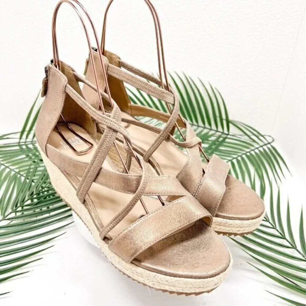 Eileen Fisher Wanda Metallic Nude Strappy Espadrille Wedge Sandal Size 9.5 NWOB